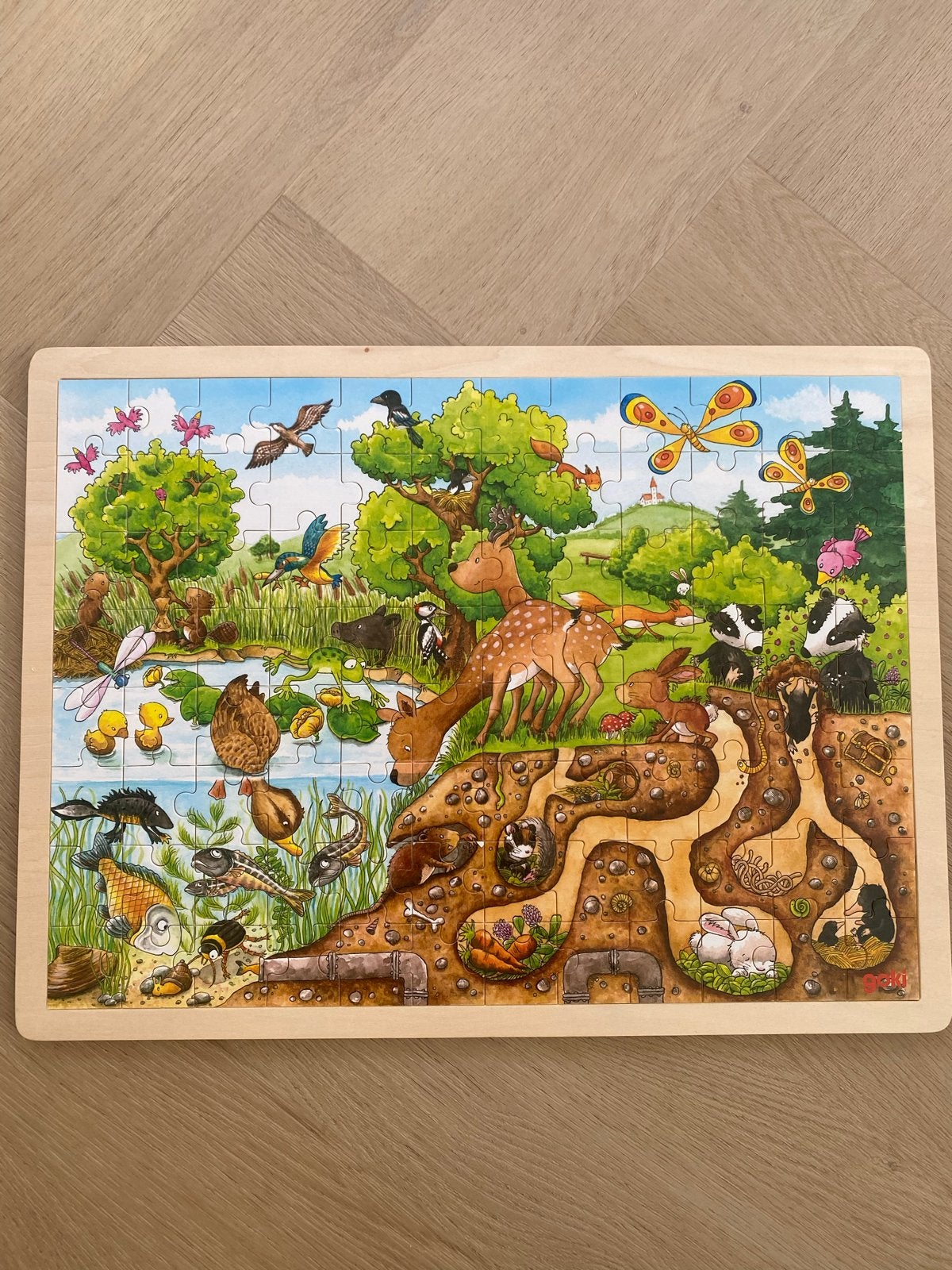 Goki houten (inleg)puzzel - Op Ontdekking - 96 stukjes, Ophalen, 2 tot 4 jaar, Meer dan 50 stukjes, Zo goed als nieuw