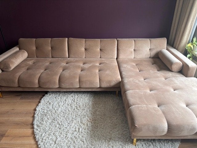 2 delige lounge bank met chaiselongue taupe, bali velvet, Ophalen, 250 tot 300 cm, Hoekbank, 75 tot 100 cm