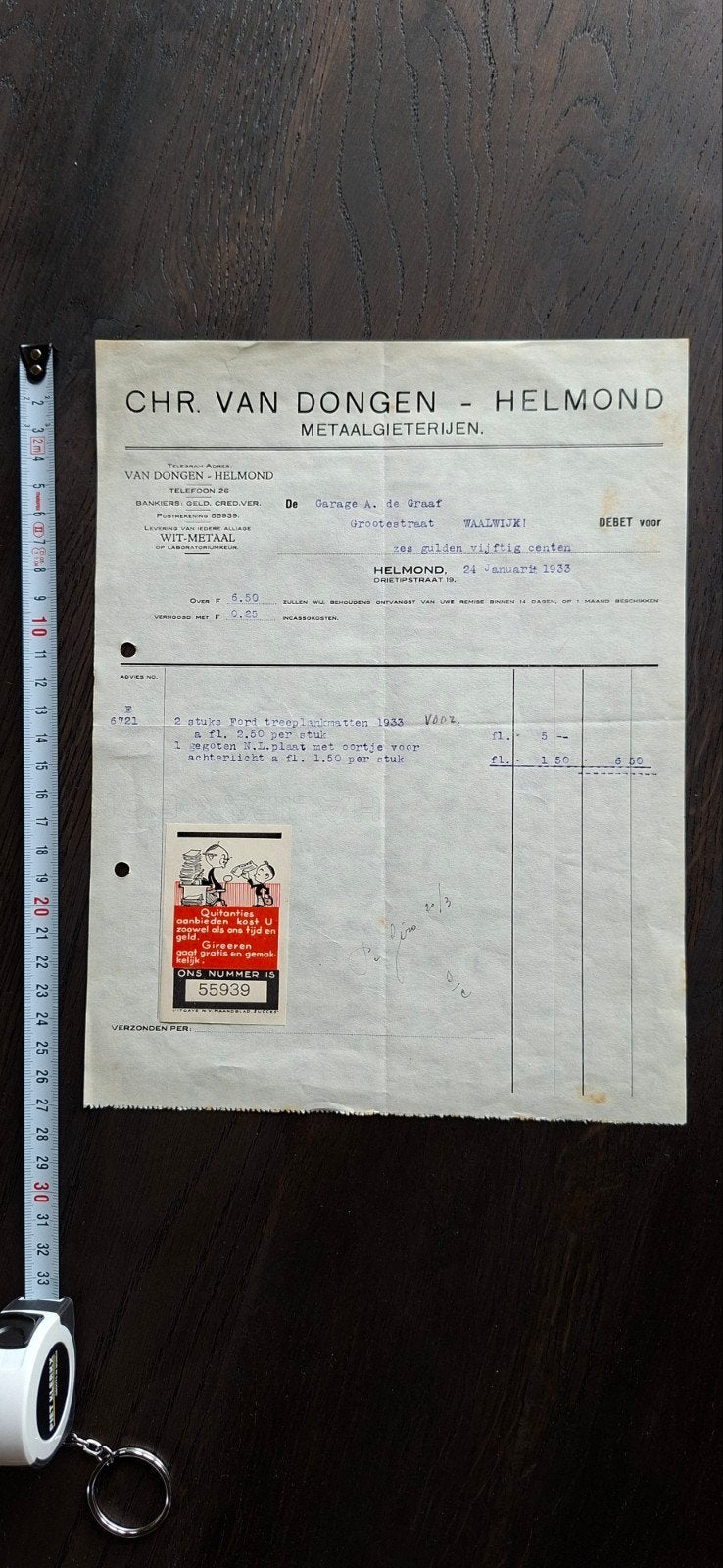 Oude factuur Chr. Van Dongen Helmond 1933, Verzenden, 1920 tot 1940, Nederland, Knipsel(s)