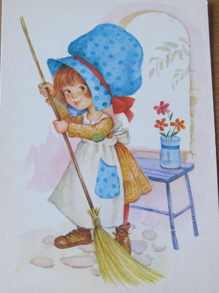 meisje veegt de vloer - nieuwe ansichtkaart, Verzenden, 1980 tot heden, Ongelopen, Kinderen