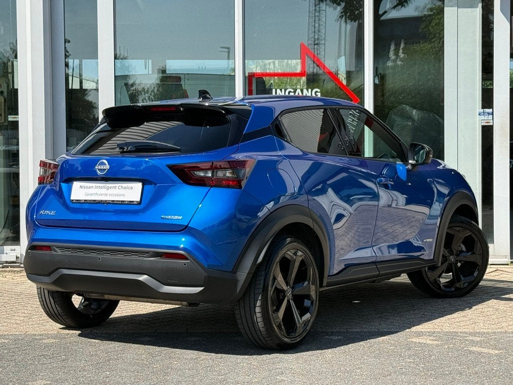 NISSAN Juke Hybrid 143pk Tekna | Leder | Navigatie | App Con, Auto's, Nissan, Automaat, Zwart, Blauw, Leder