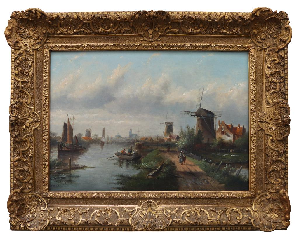 Antiek olieverfschilderij JJC Spohler, Hol. rivierlandschap, Ophalen of Verzenden