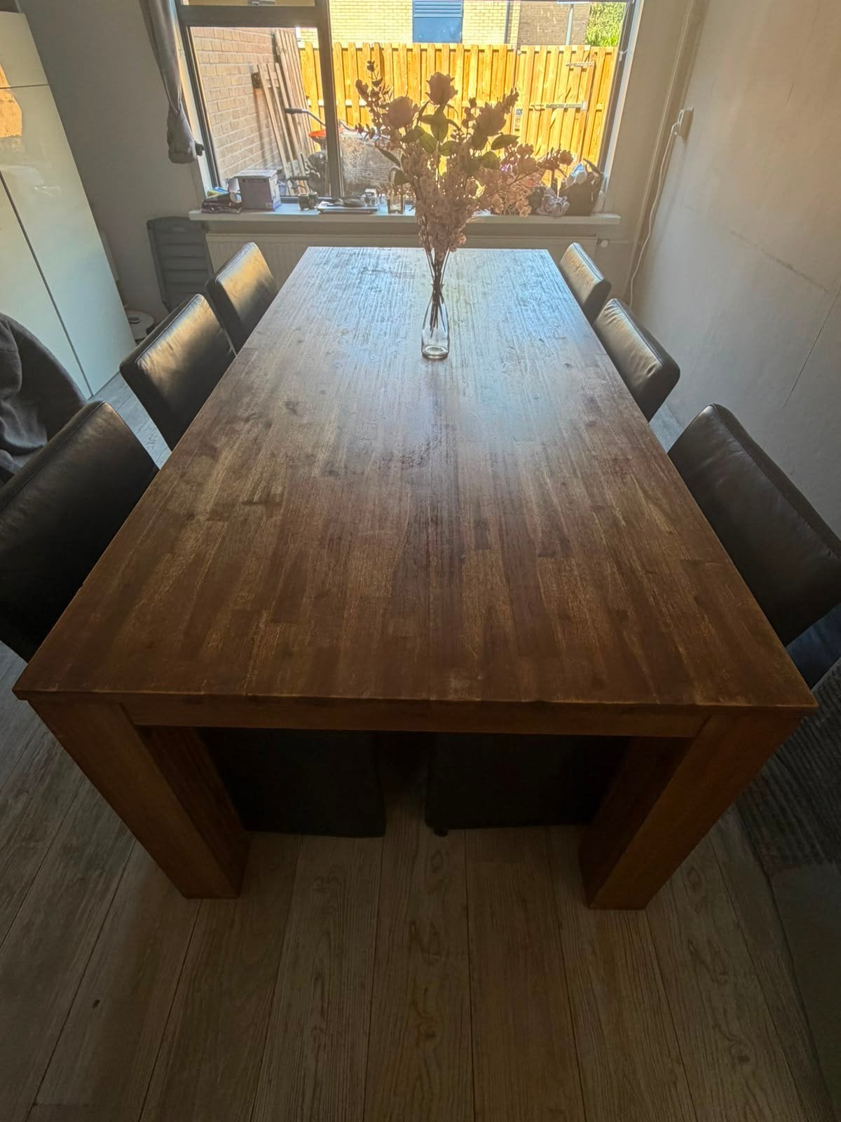 Robuuste houten eettafel met 6 stoelen, Huis en Inrichting, Overige materialen, 150 tot 200 cm, Vier personen, Rechthoekig