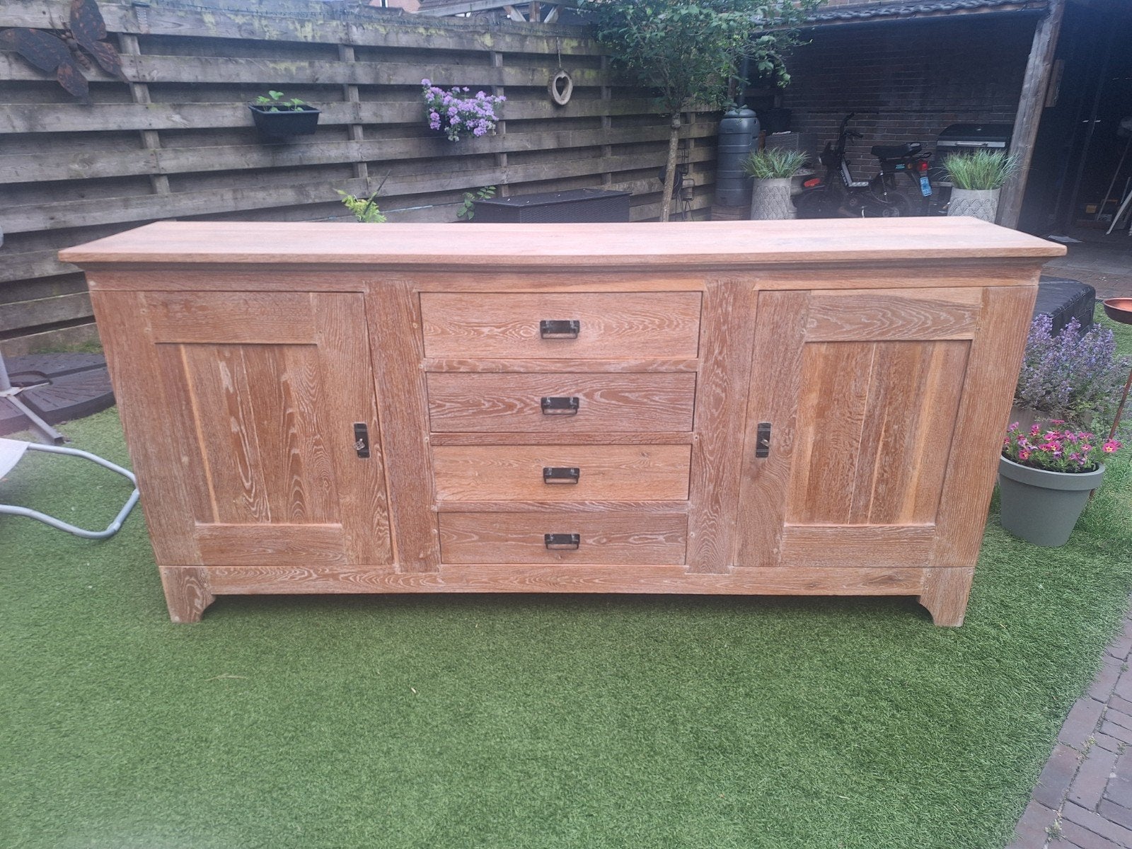 Massief eiken dressoir met lades en deuren, Huis en Inrichting, Kasten | Dressoirs, Ophalen, Gebruikt, Eikenhout, 200 cm of meer