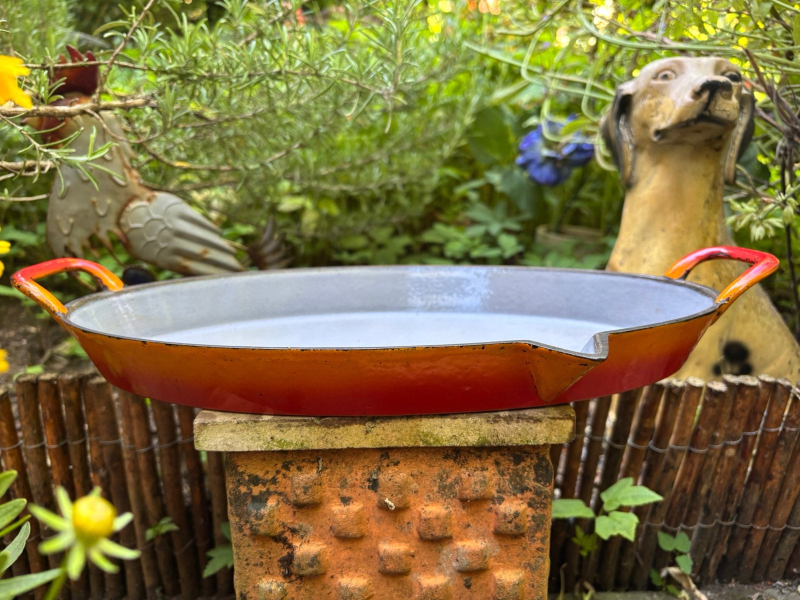 Geemailleerde gietijzeren ovenschaal/braadslee 34 cm, Gebruikt, Met schenktuit, Ophalen of Verzenden, Braadpan