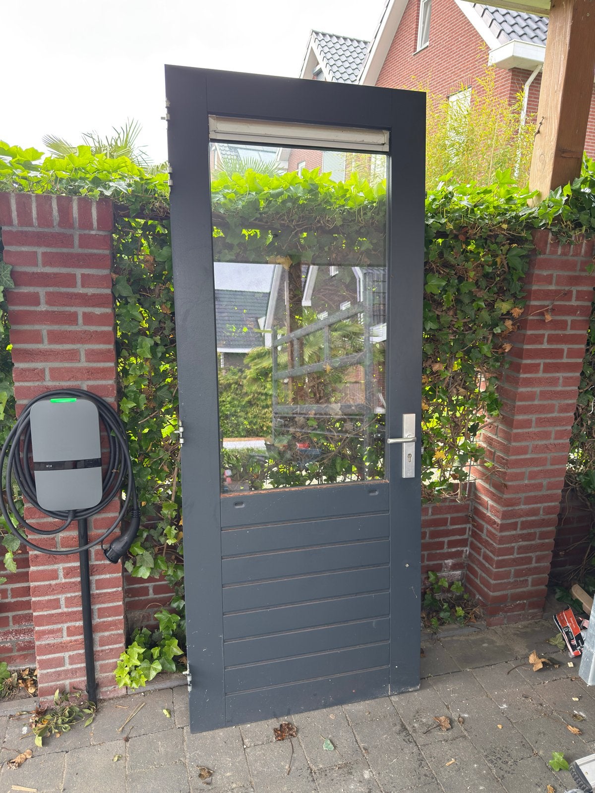 Meranti Buitendeur 930x2315mm met HR++ glas en rooster, Doe-het-zelf en Verbouw, Gebruikt, 80 tot 100 cm, 215 cm of meer, Ophalen of Verzenden