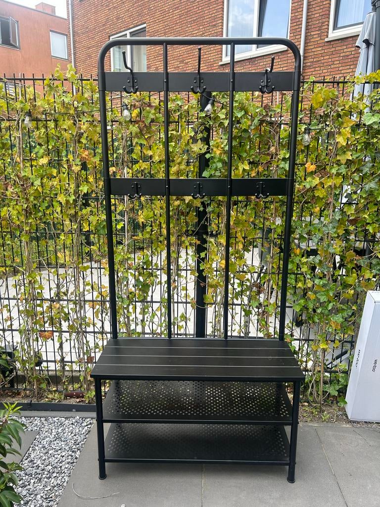 Zwarte metalen kapstok met bankje en schoenenrek, Huis en Inrichting, Woonaccessoires | Kapstokken, Ophalen, Gebruikt, Metaal