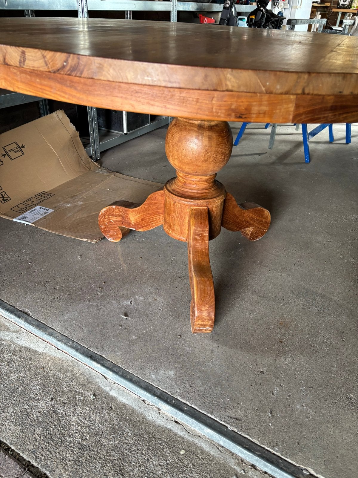 Massief teak houten ronde tafel met bolpoot, Ophalen