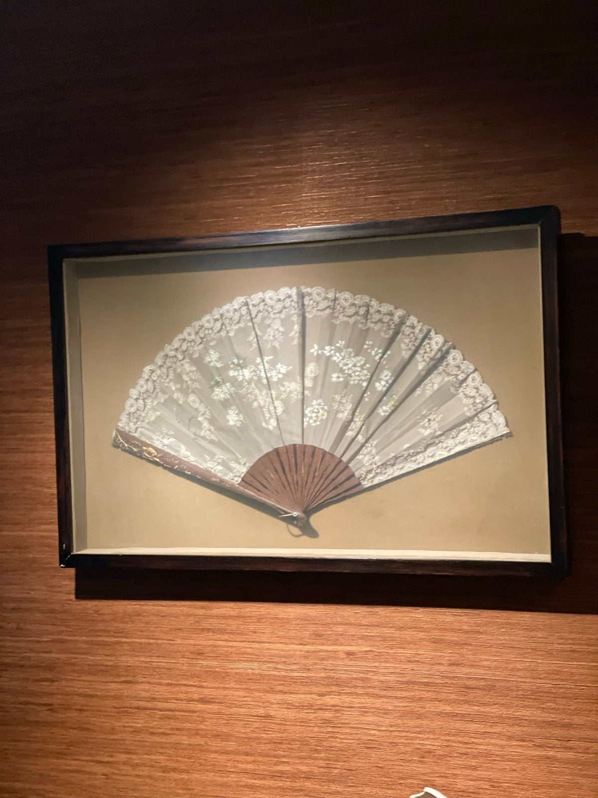 Antieke Japanse waaier met kant en vogelmotief in lijst, Ophalen of Verzenden