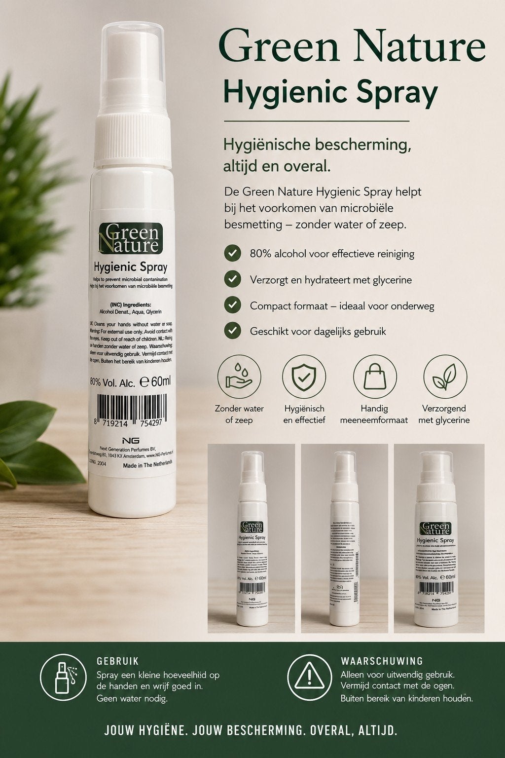 100 stuks Hygiënische Spray Green Nature - 80% Alcohol, 60ml, Ophalen of Verzenden, Nieuw, Overige typen