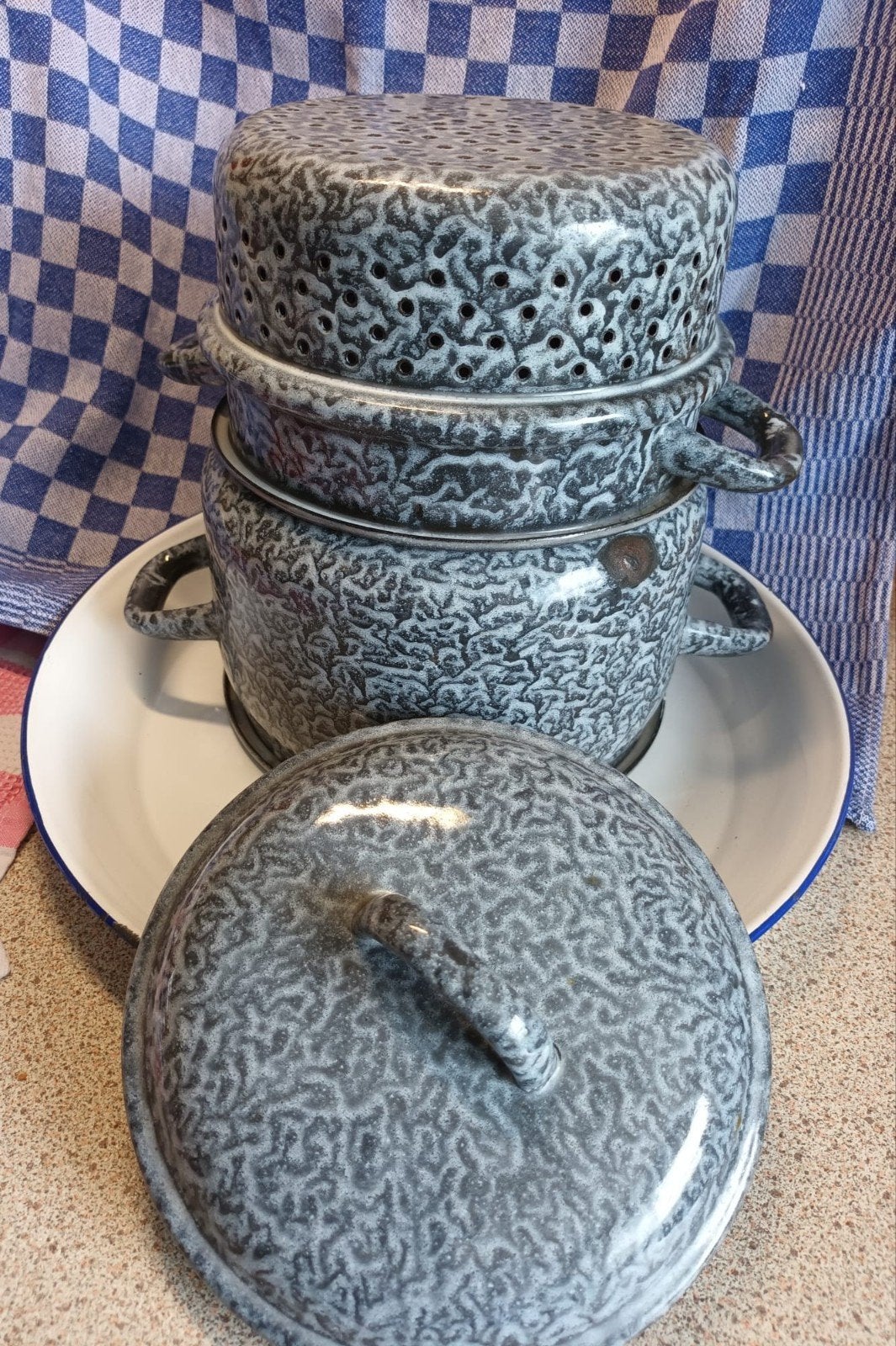 Vintage Emaille Stoompan / Rijstkoker - Grijs Gevlekt, Verzenden