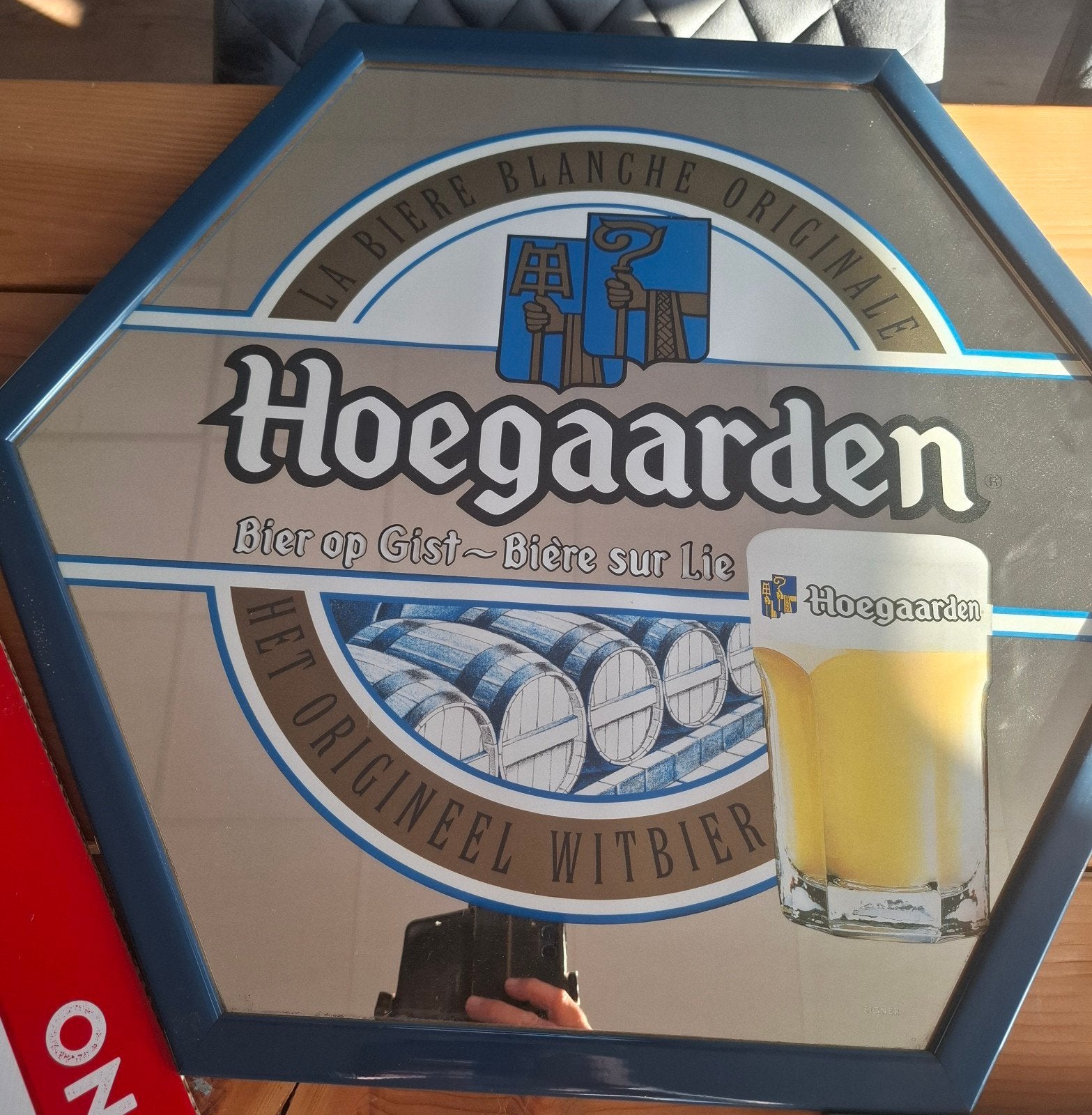 Hoegaarden spiegel - decoratieve bier spiegel, Ophalen, Gebruikt, Overige vormen