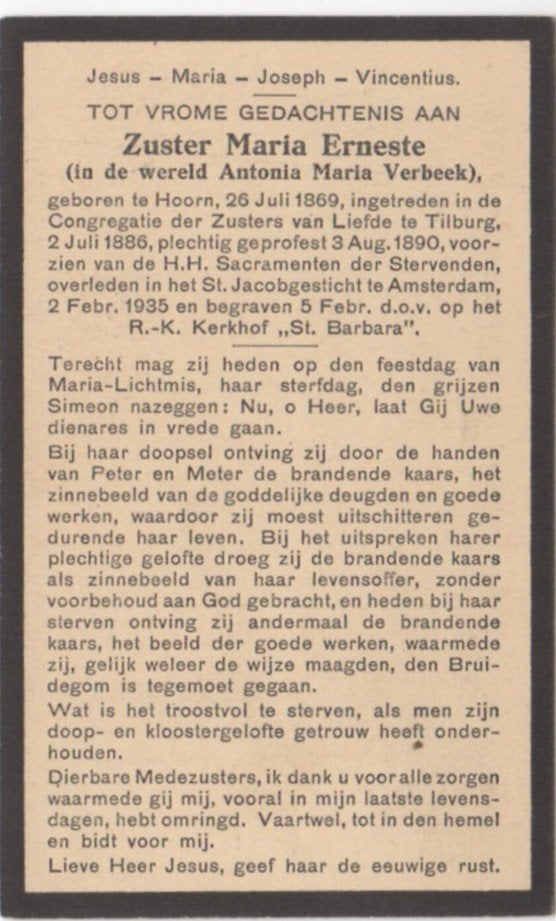 zr. Antonia M. Verbeek 1869 Hoorn + 1935 Amsterdam, 65 jaar, Ophalen of Verzenden
