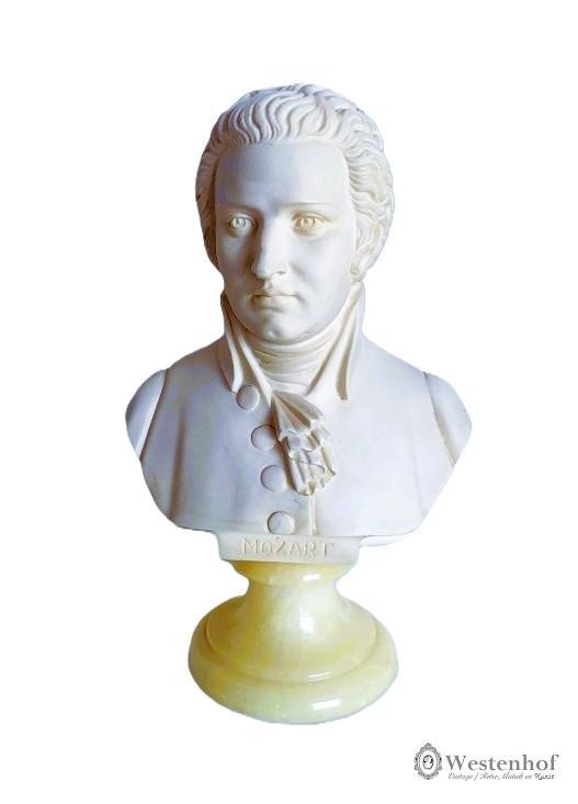 Gesigneerd componist buste Mozart borstbeeld op onyx steen, Verzenden, Buste, 20 - 50 cm, Wit