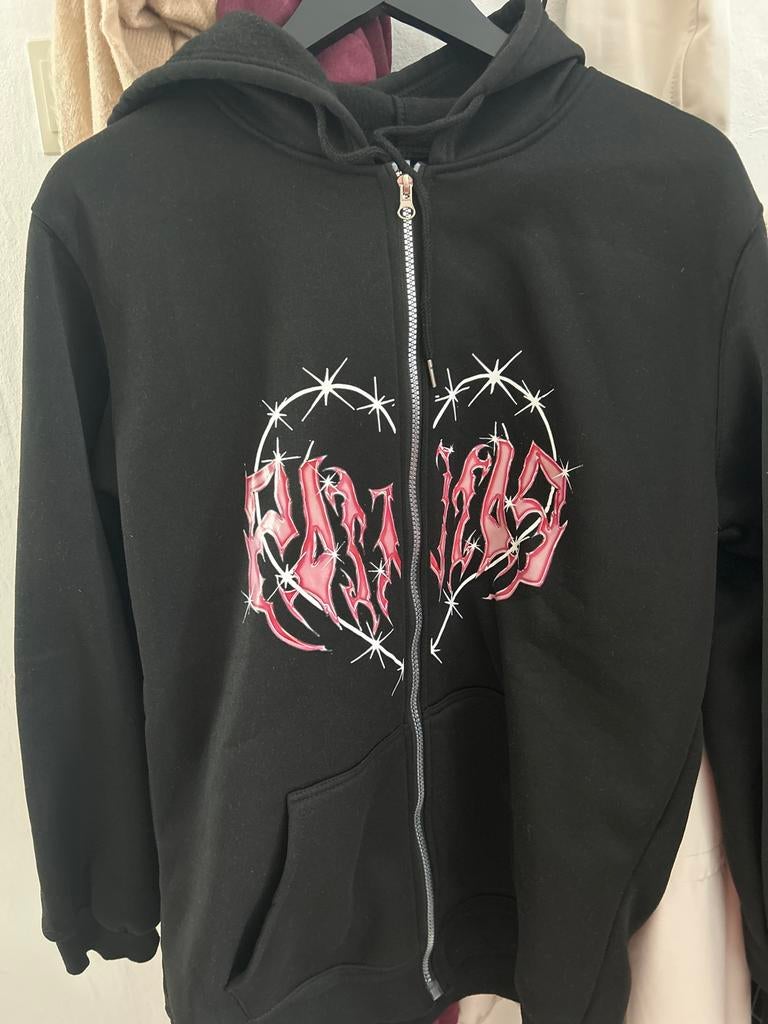 Nieuwe zwarte hoodie met roze print en rits, Ophalen of Verzenden, Nieuw, Maat 46/48 (XL) of groter, Zwart