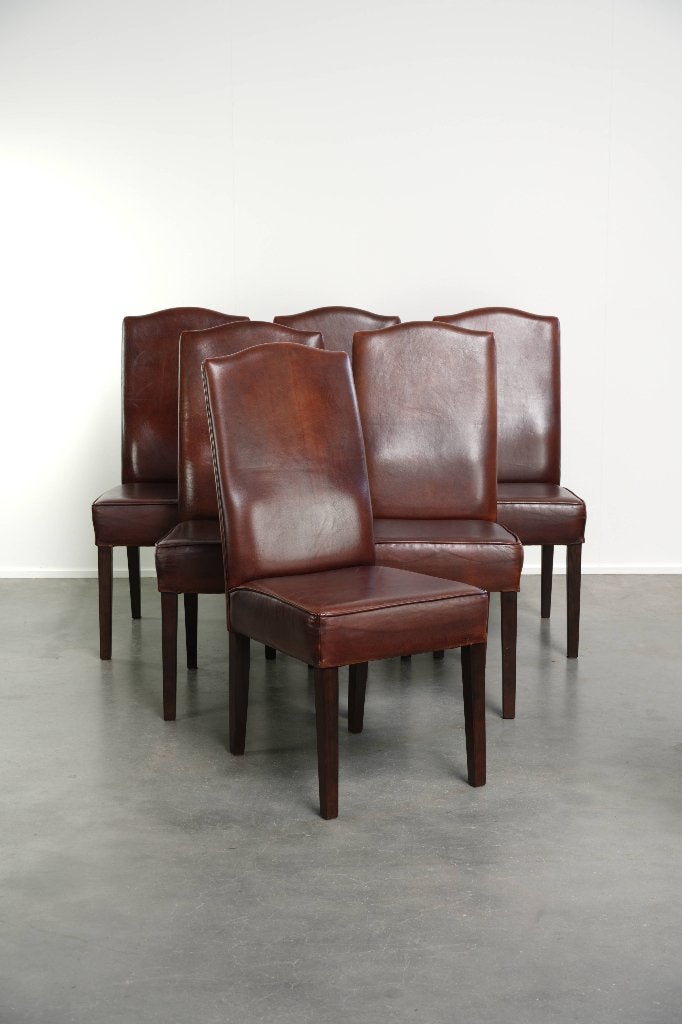 Mooie en comfortabele set van 6 schapenleren eetkamerstoelen, Huis en Inrichting, Ophalen, Gebruikt, Bruin, Leer