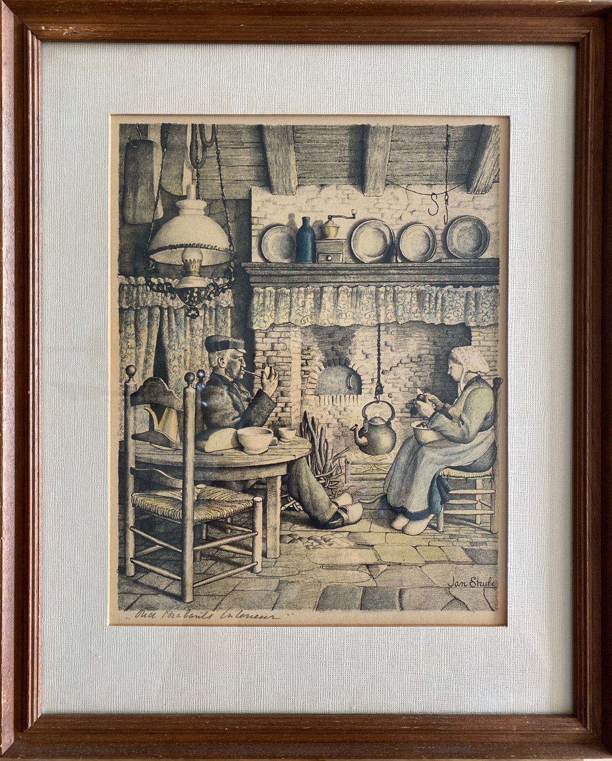 Jan Strube - Oud Brabants interieur (ingekleurd), Antiek en Kunst, Ophalen, Print, Prent, Origineel