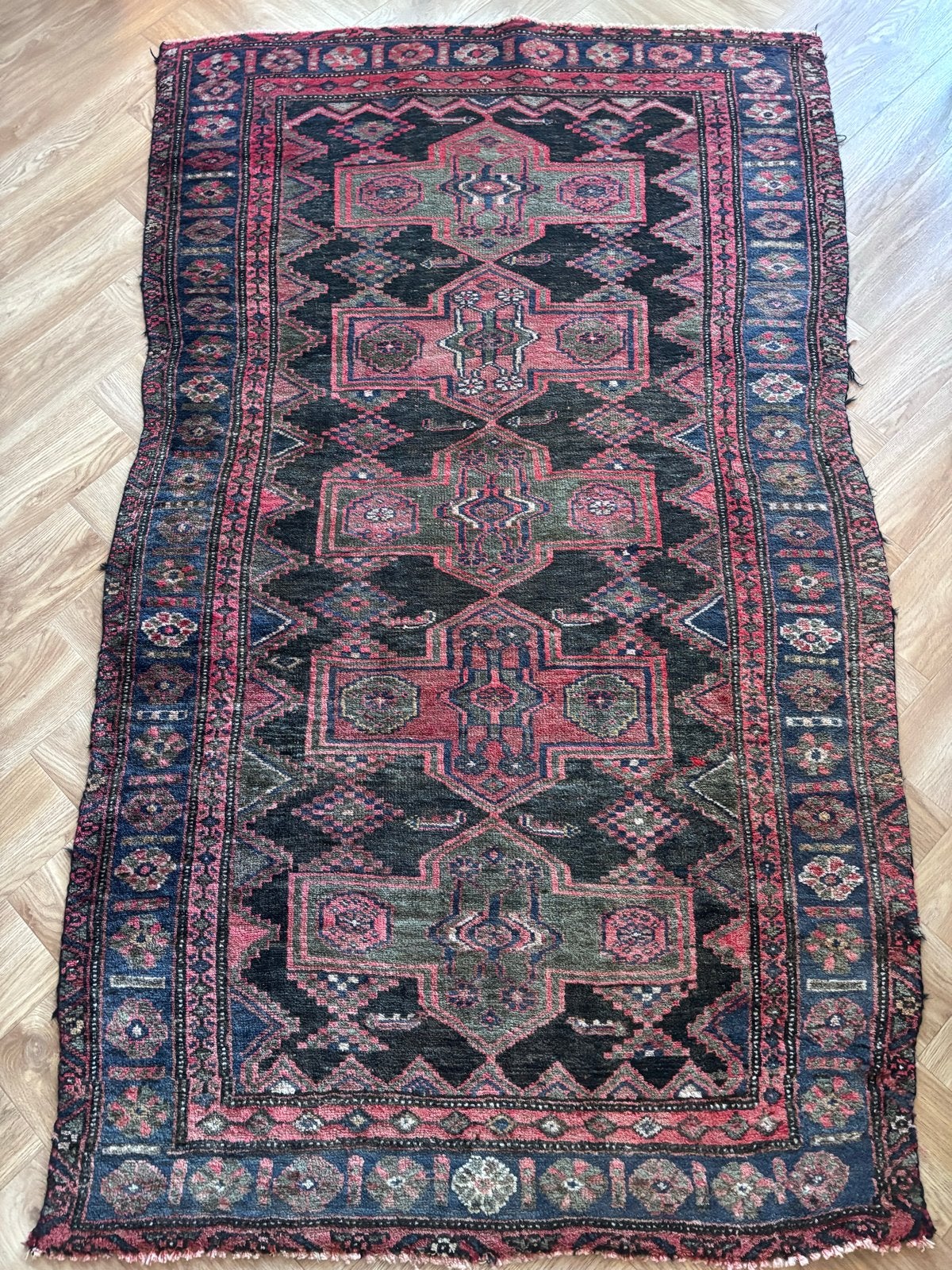 Vintage Perzisch tapijt - Handgeknoopt, Rood/Blauw/Zwart, Huis en Inrichting, Gebruikt, 100 tot 150 cm, 200 cm of meer, Ophalen of Verzenden