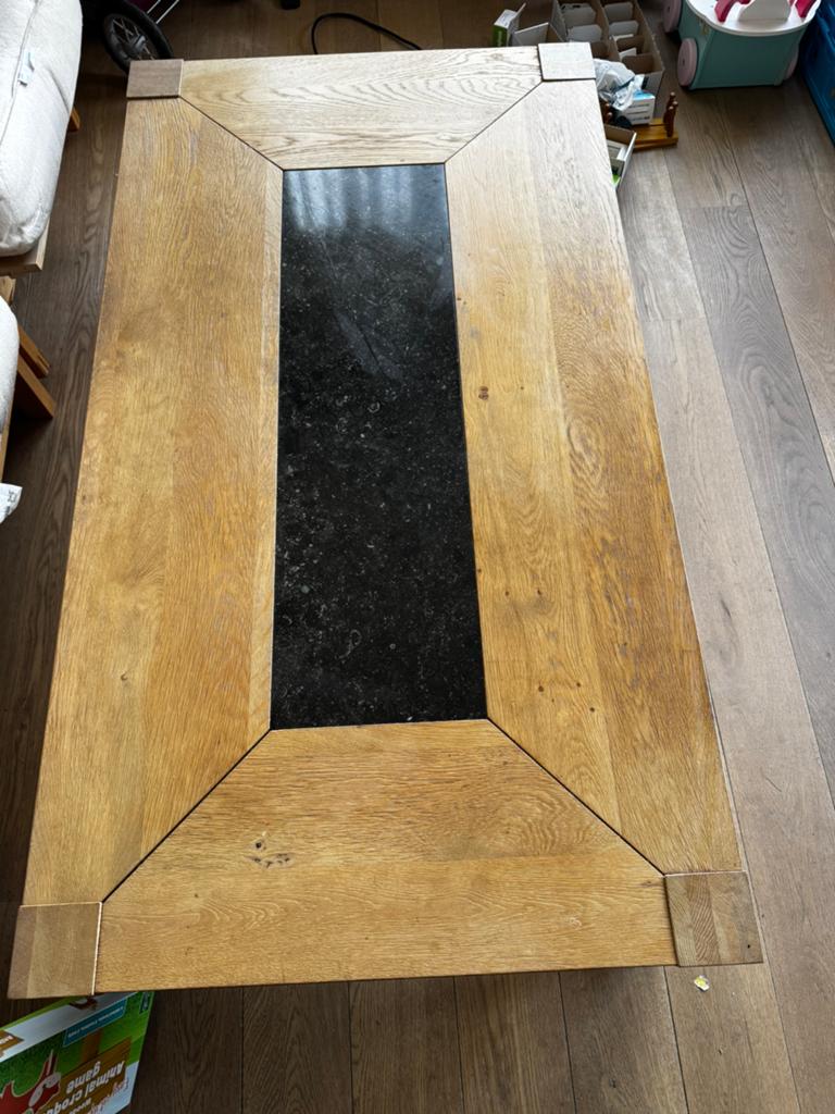 Eiken salontafel met zwarte natuursteen inzet, Ophalen, 100 tot 150 cm, 50 tot 100 cm, Minder dan 50 cm