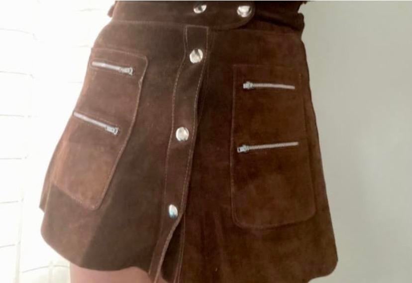 Vintage suede mini rok, Bruin, Ophalen of Verzenden, Zo goed als nieuw, Maat 34 (XS) of kleiner