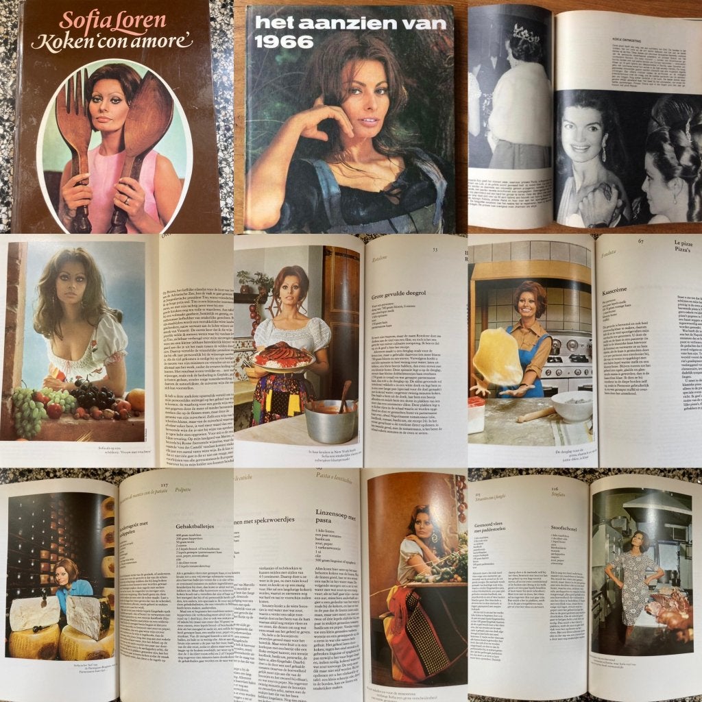 2x Sofia Loren pakket koken Con Amore & Aanzien boek 1966, Boeken, Gezond koken, Sophia Sofia Loren, Italië, Gelezen