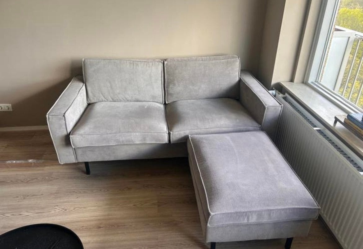 WOOOD Bank Arwin 2,5 zits met hocker - grijze ribstof, Ophalen, Zo goed als nieuw, Stof