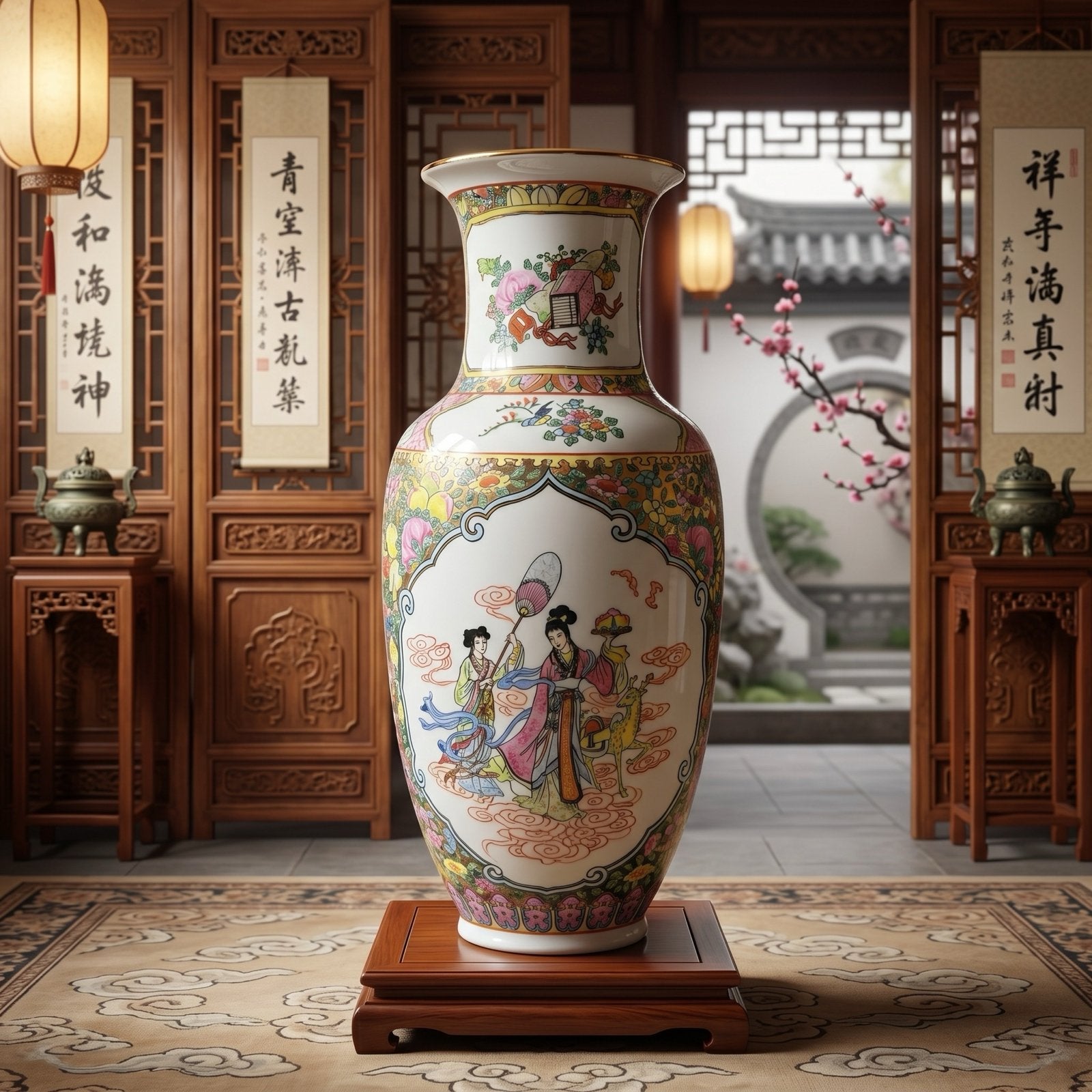 Grote handbeschilderde Chinese Famille Rose vaas, 32 cm, Antiek en Kunst, Antiek | Vazen, Ophalen of Verzenden