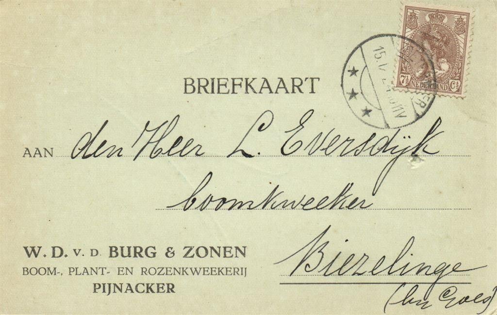 W.D. v.d. Burg + Zonen, Pijnacker - 09.1924 - briefkaart, Ophalen of Verzenden, Briefkaart