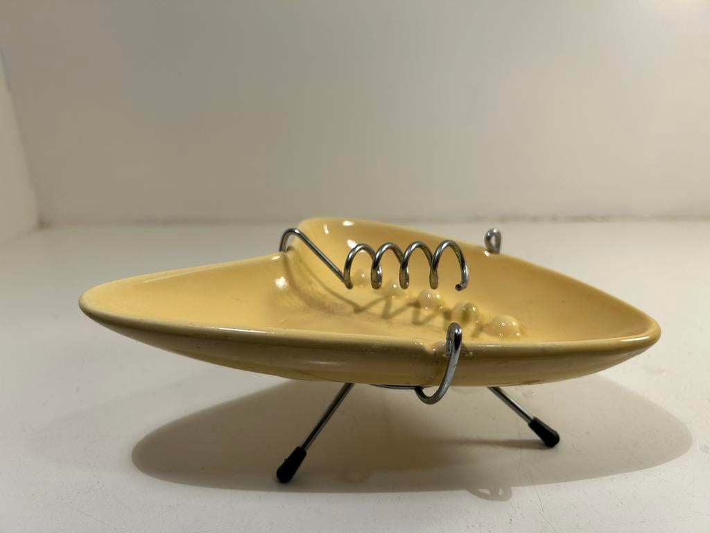 Vintage Gele Keramische Asbak op Metalen Standaard, Ophalen of Verzenden