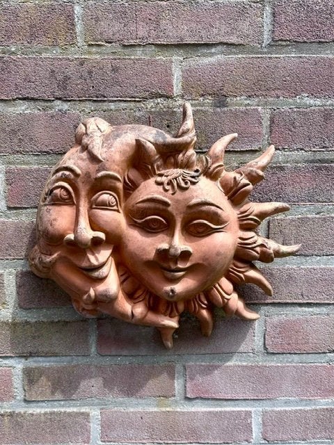 Terracotta zon en maan muurhanger, Tuin en Terras, Tuinwanddecoratie, Ophalen, Gebruikt