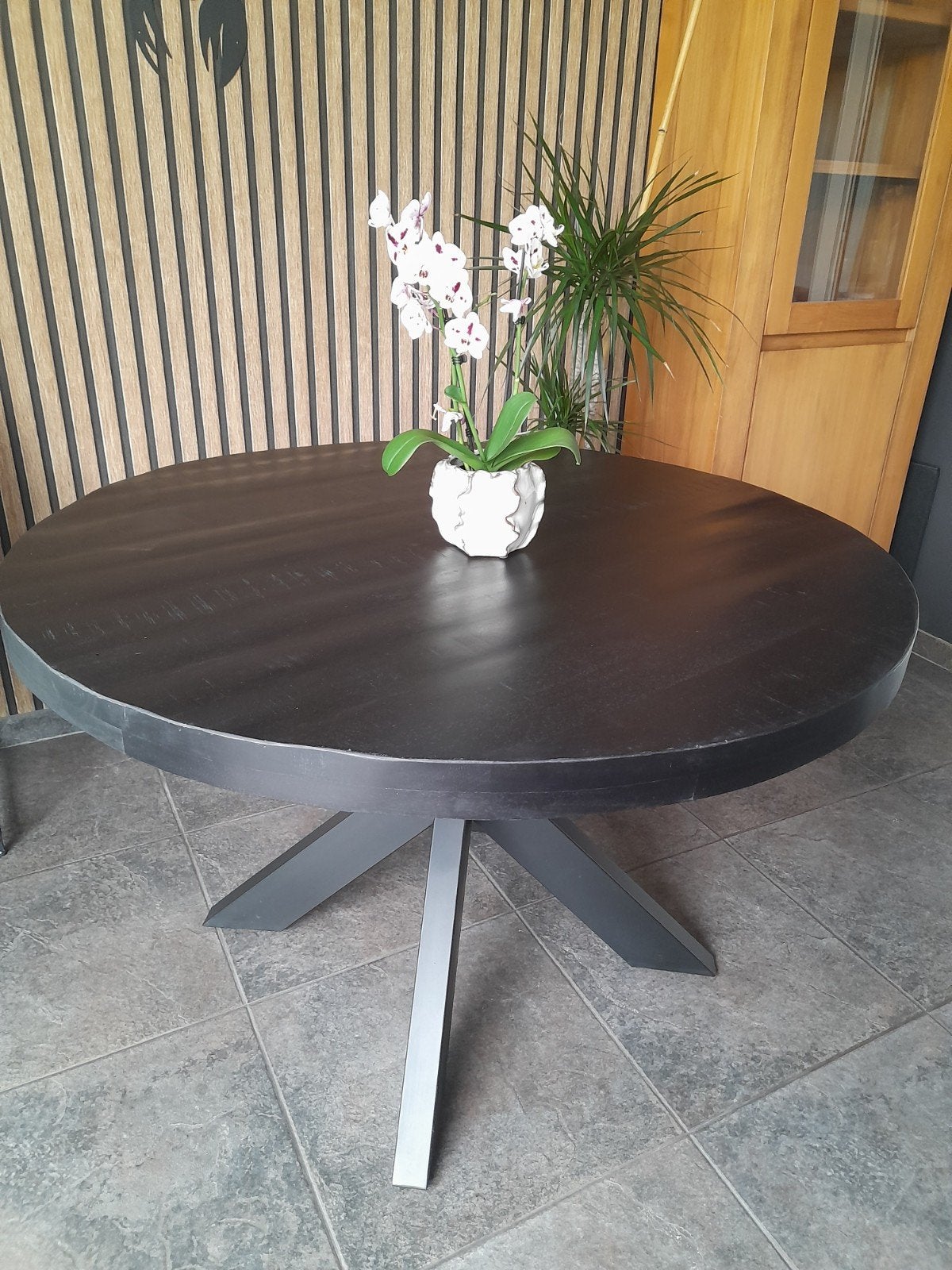 Eettafel rond mangohout, Huis en Inrichting, Tafels | Eettafels, Ophalen, Rond, Zo goed als nieuw, 100 tot 150 cm