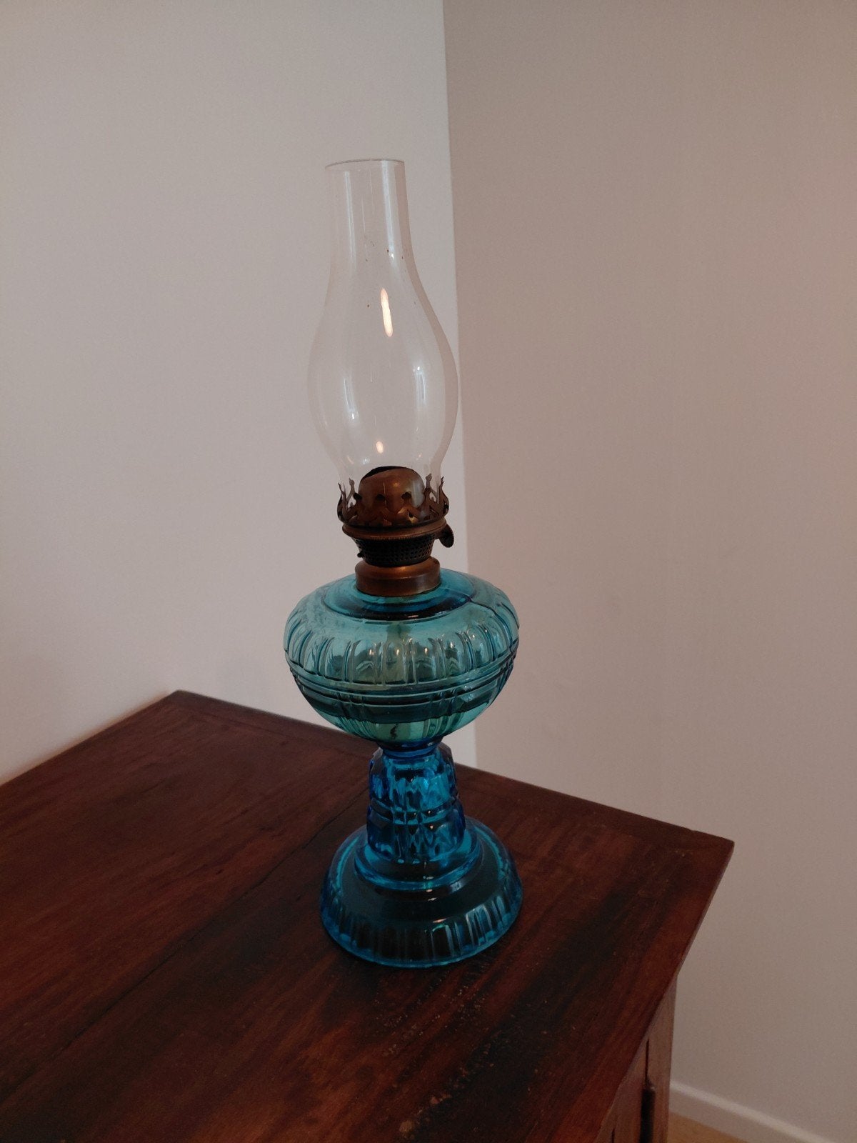 Vintage Petroleumlamp - Blauw Glas, Ophalen of Verzenden