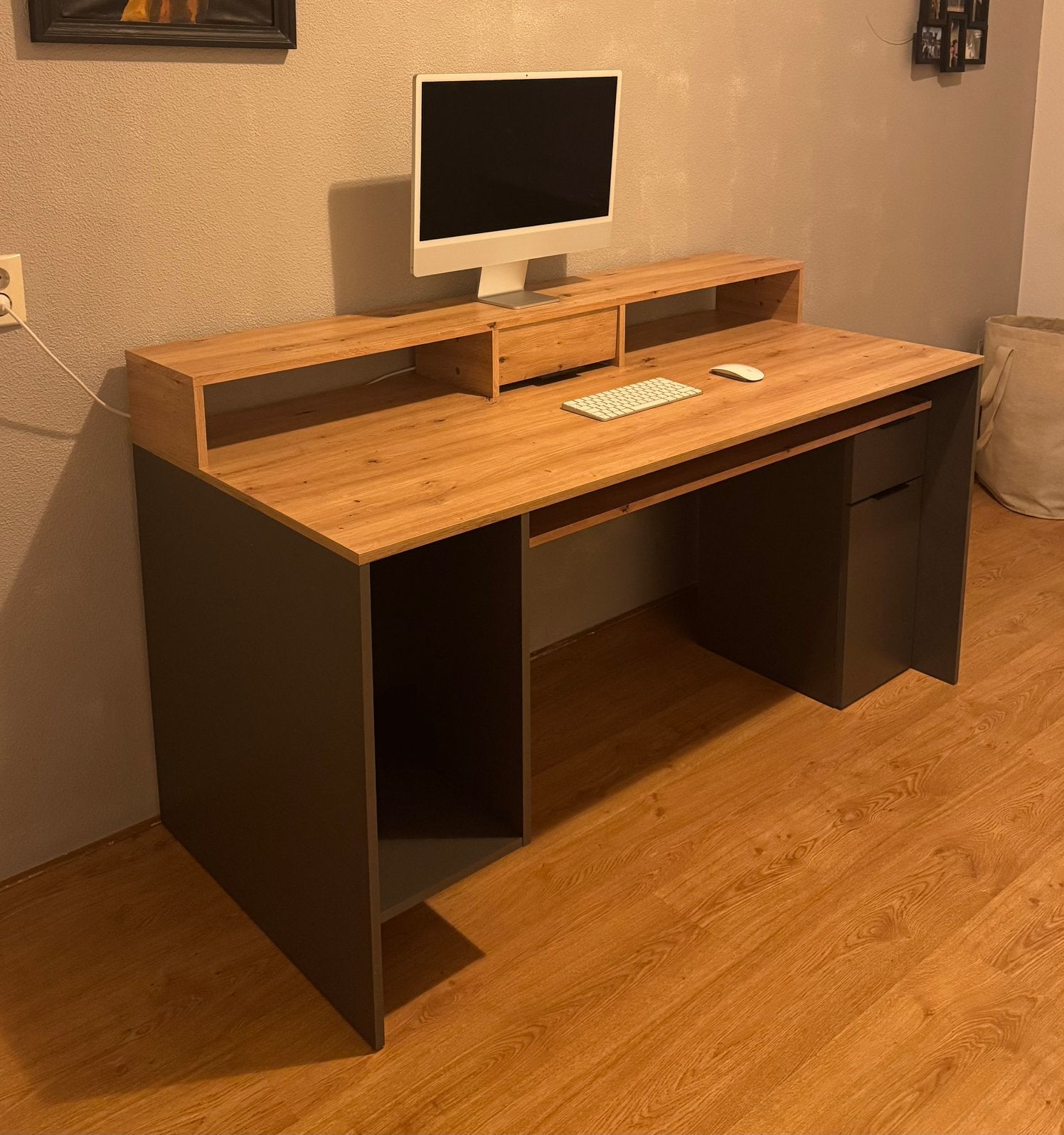 Bureau met veel opbergruimte 160x70x91cm grijs/eiken, Huis en Inrichting, Bureaus, 160 cm, Gebruikt, Hout, Ophalen of Verzenden