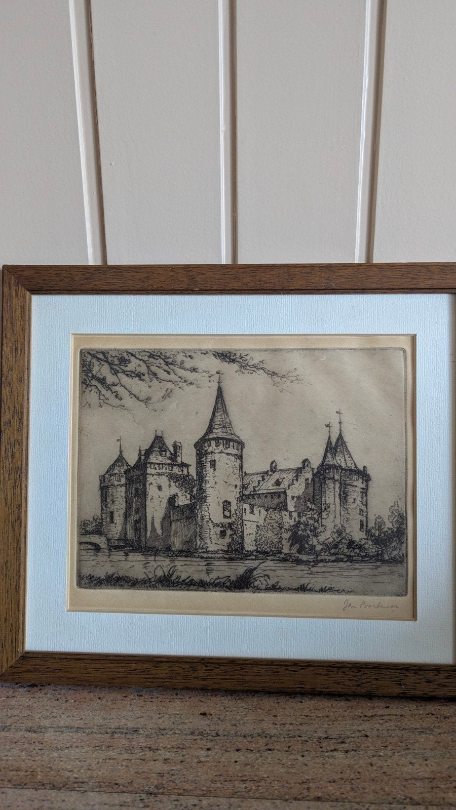 ets Jan Poortenaar 1886/1956 Muiderslot, Antiek en Kunst, Ophalen of Verzenden, Ets, Gemengde techniek, Achter glas