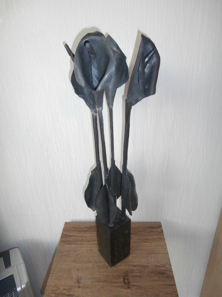 4 Loden Aronskelken/ Calla Lelies op Marmeren Sokkel  68 cm, Ophalen of Verzenden