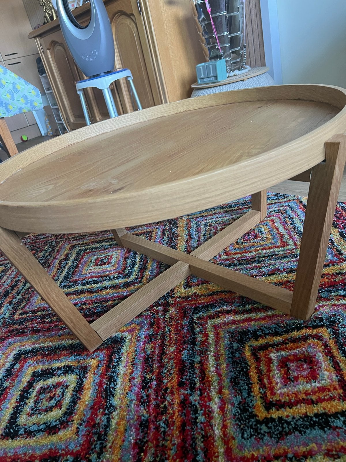 Stijlvolle ovale salontafel van eikenhout, Huis en Inrichting, Tafels | Salontafels, 100 tot 150 cm, Rond, Zo goed als nieuw, Grenenhout