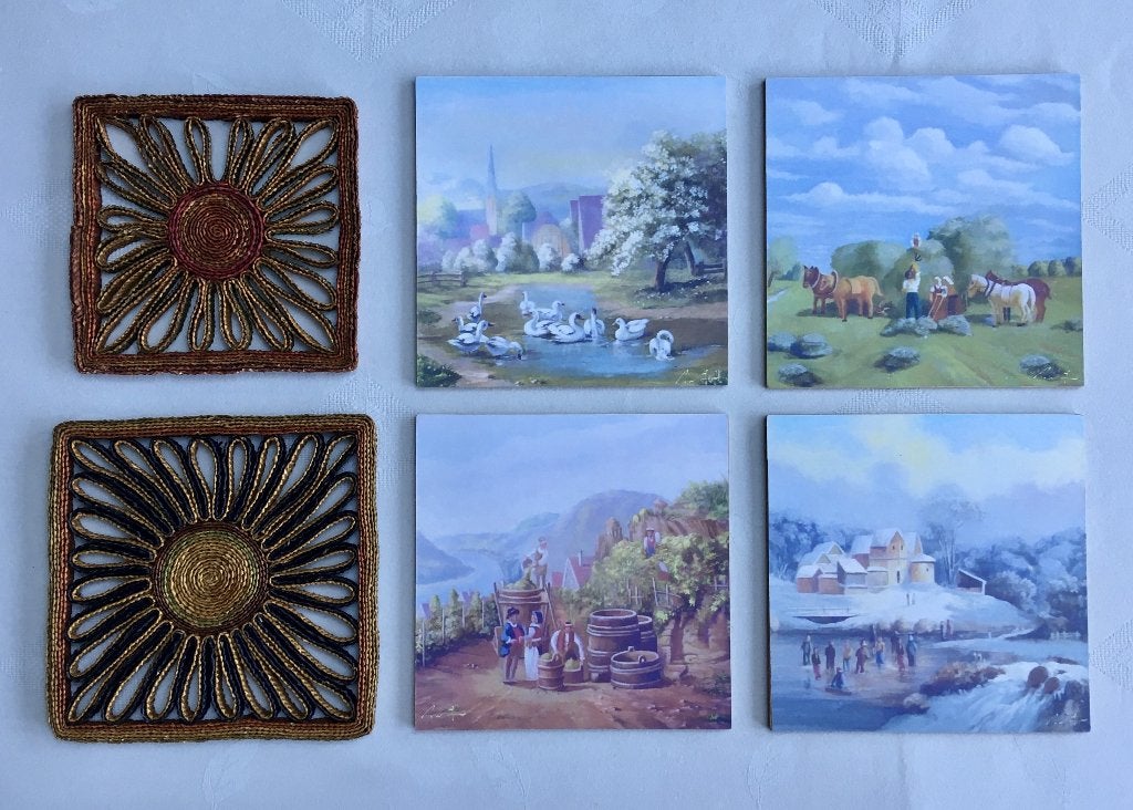 6 vintage hittebestendige onderzetters (riet & 4 seizoenen), Overige typen, Ophalen of Verzenden, Gebruikt