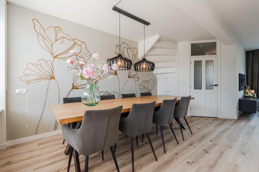 Massief eikenhouten eettafel van 3 bij 1 meter met 8 stoelen, Ophalen, Gebruikt, Eikenhout, 200 cm of meer