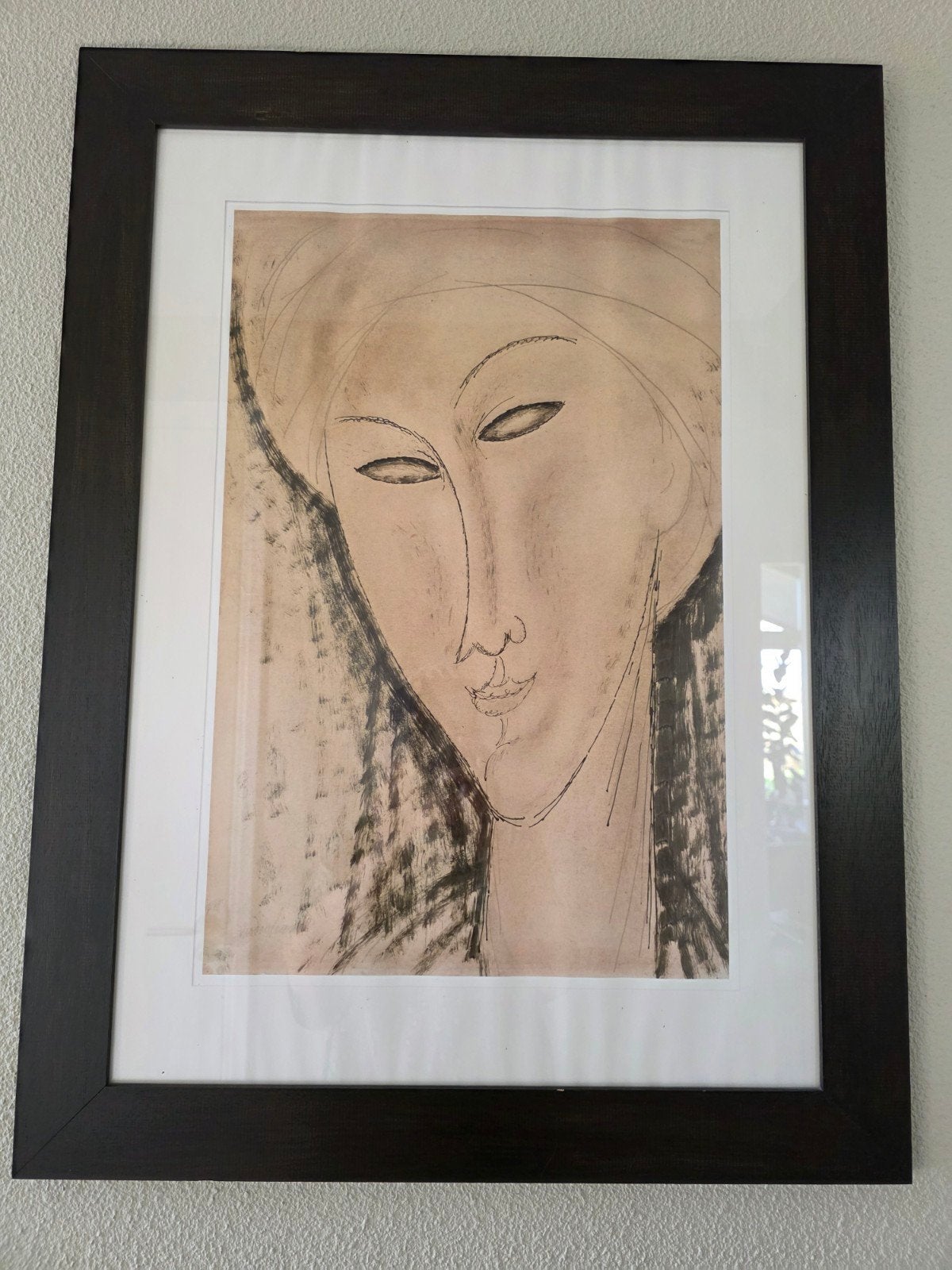 Schilderij vrouw hoofd, glasplaat, lijst do bruin hout, Ophalen, Schilderij, Overige technieken, Achter glas