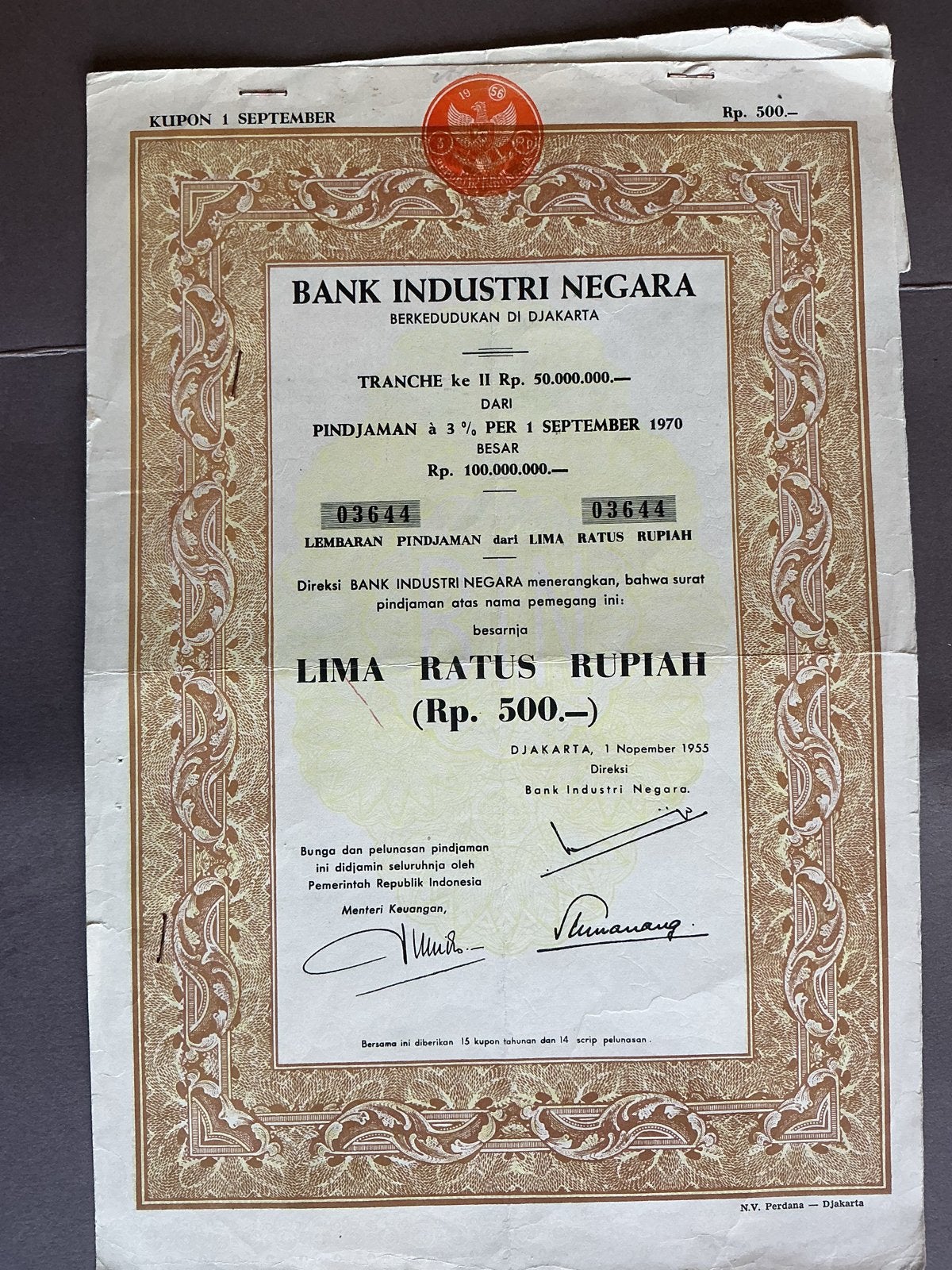Historische obligatie Bank Industri Negara 1955, Verzenden, 1950 tot 1970, Obligatie of Lening