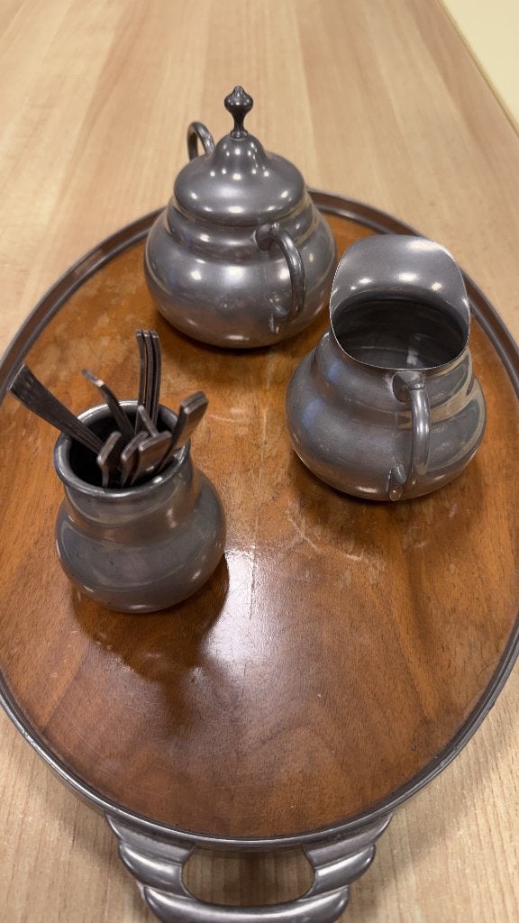 Vintage Tinnen Set met Douwe Egberts Lepeltjes en Dienblad, Ophalen, Gebruikt, Overige merken, Overige typen