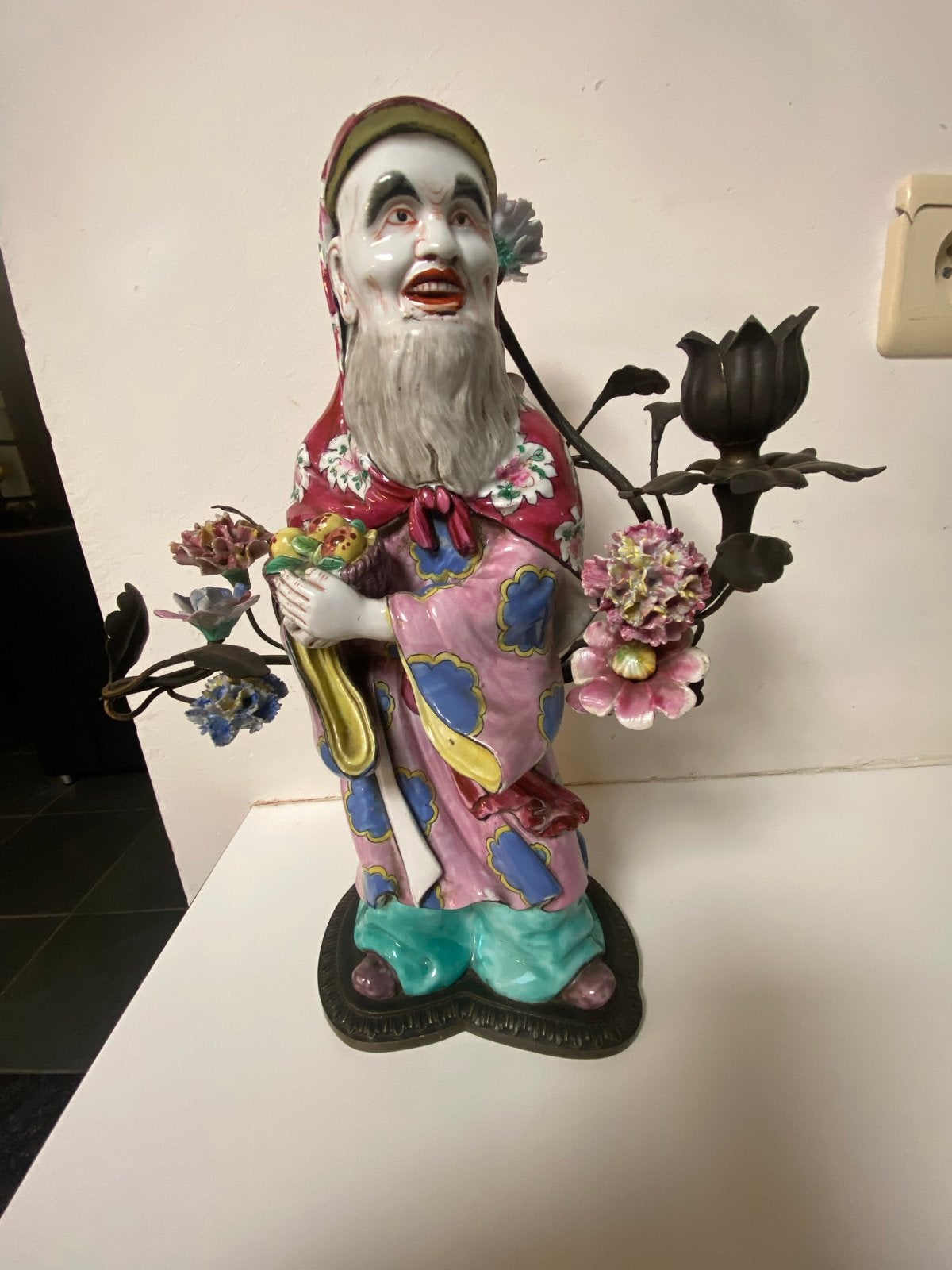 Antiek Porseleinen Beeld in Brons Gemonteerd - 30 cm, Antiek en Kunst, Ophalen of Verzenden