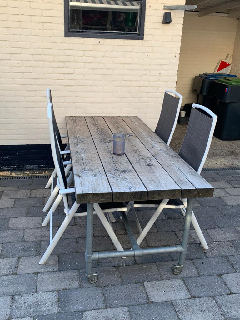 Tuintafel - steigerbuis op wielen - 210x89x76cm, Ophalen, Rechthoekig, Hout