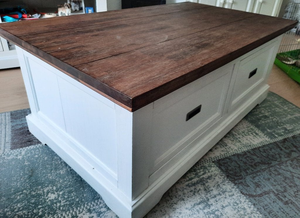 Surrey salontafel wit met bruin bovenblad en 2 lades, Ophalen, Gebruikt, 100 tot 150 cm, 50 tot 100 cm