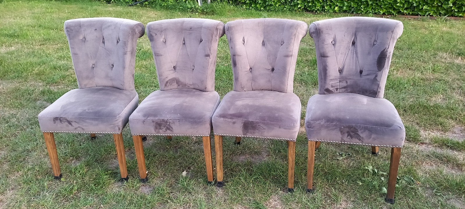 Set van 8 grijze fluwelen eetkamerstoelen met ring, Huis en Inrichting, Stoelen, Ophalen, Gebruikt, Klassiek, Luxe, Modern, Stof