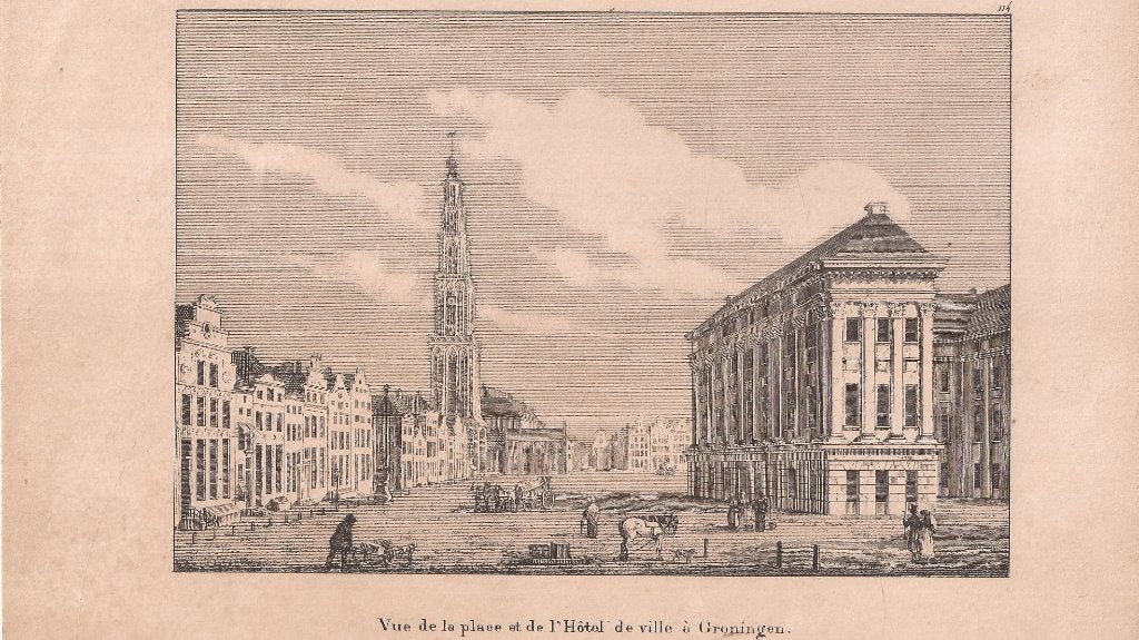 Vue de la Place et de l' Hôtel de Ville à Groningen 1842, 1800 - 1899, Stadsgezicht, Ophalen of Verzenden, 15 cm