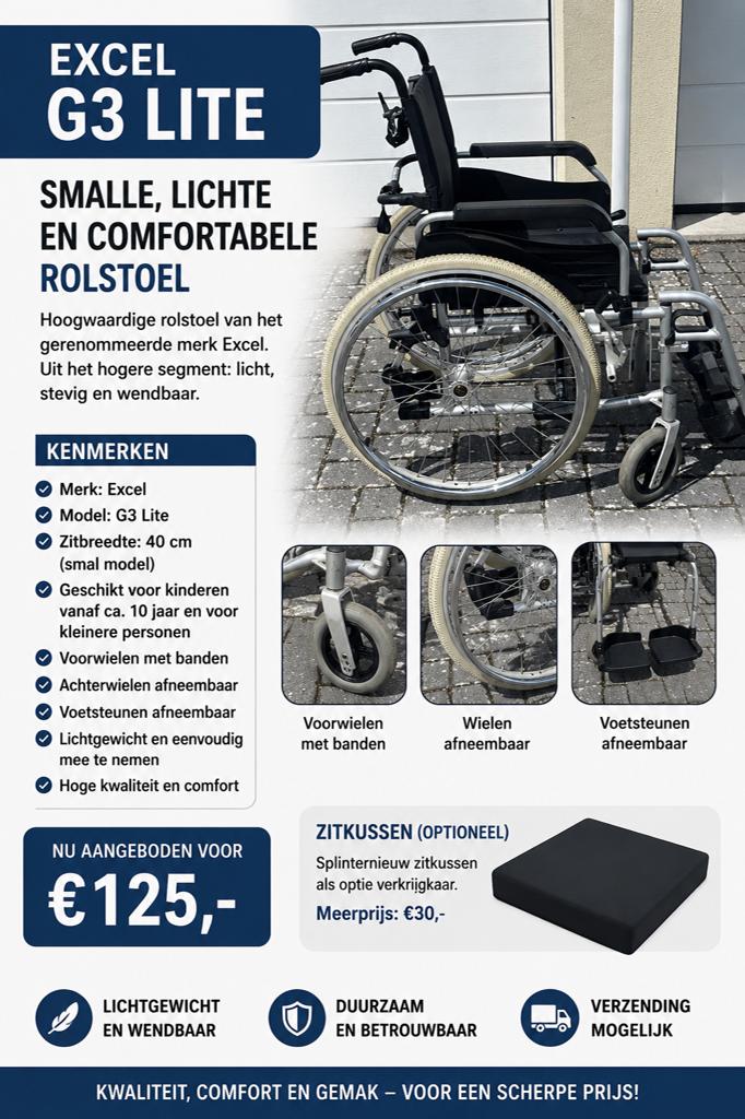 Smalle Excel G3 light inklapbare rolstoel, Diversen, Rolstoelen, Gebruikt, Handbewogen rolstoel, Inklapbaar, Ophalen of Verzenden