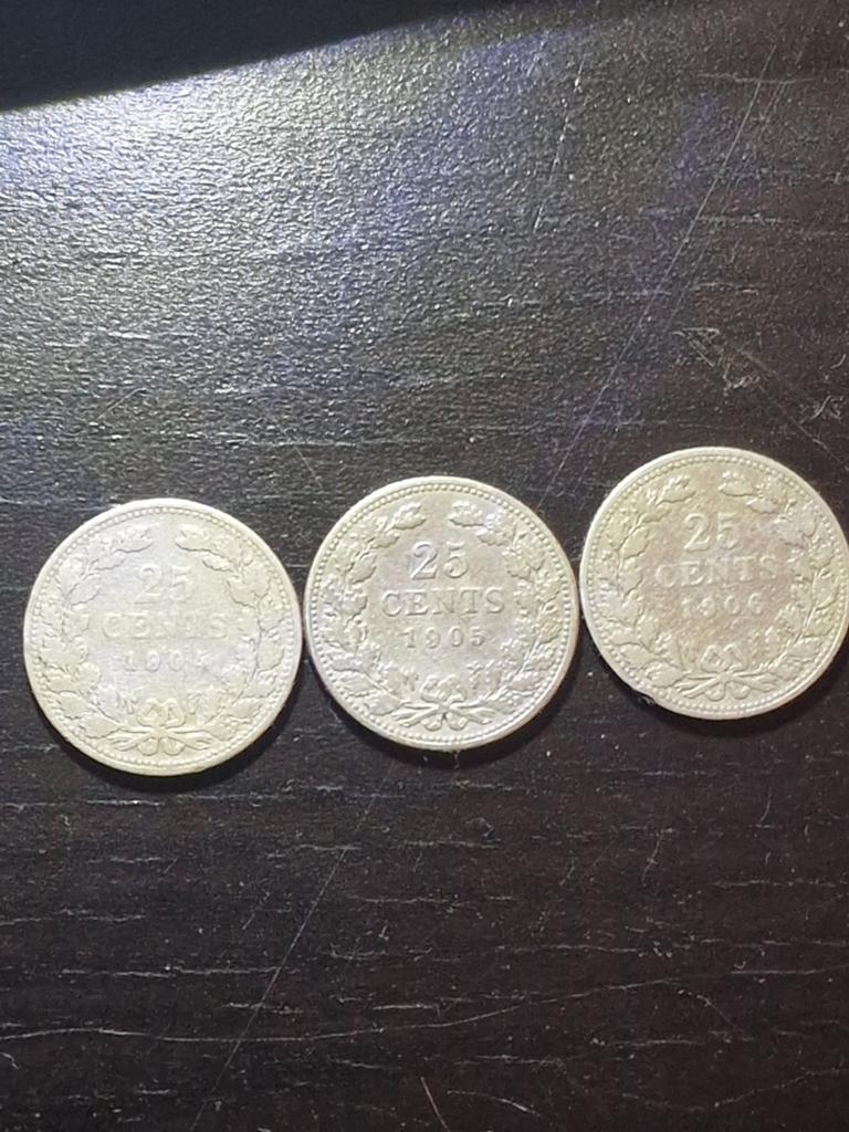 Zilveren 25 cent 1904, 1905, 1906, Postzegels en Munten, Munten | Nederland, Ophalen of Verzenden, Koningin Wilhelmina, 25 cent