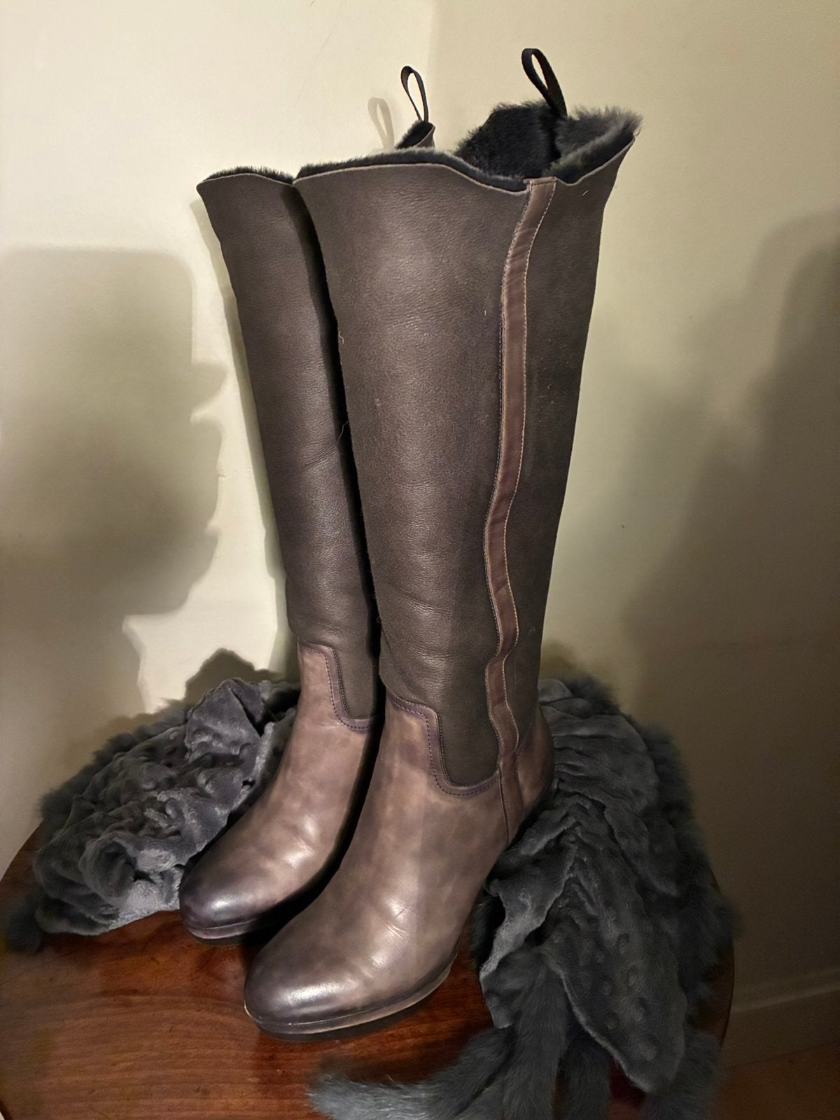 SANTONI LAARZEN LAMMY SHEARLING TAUPE/GRIJS, Verzenden, Zo goed als nieuw, Overige kleuren, Hoge laarzen