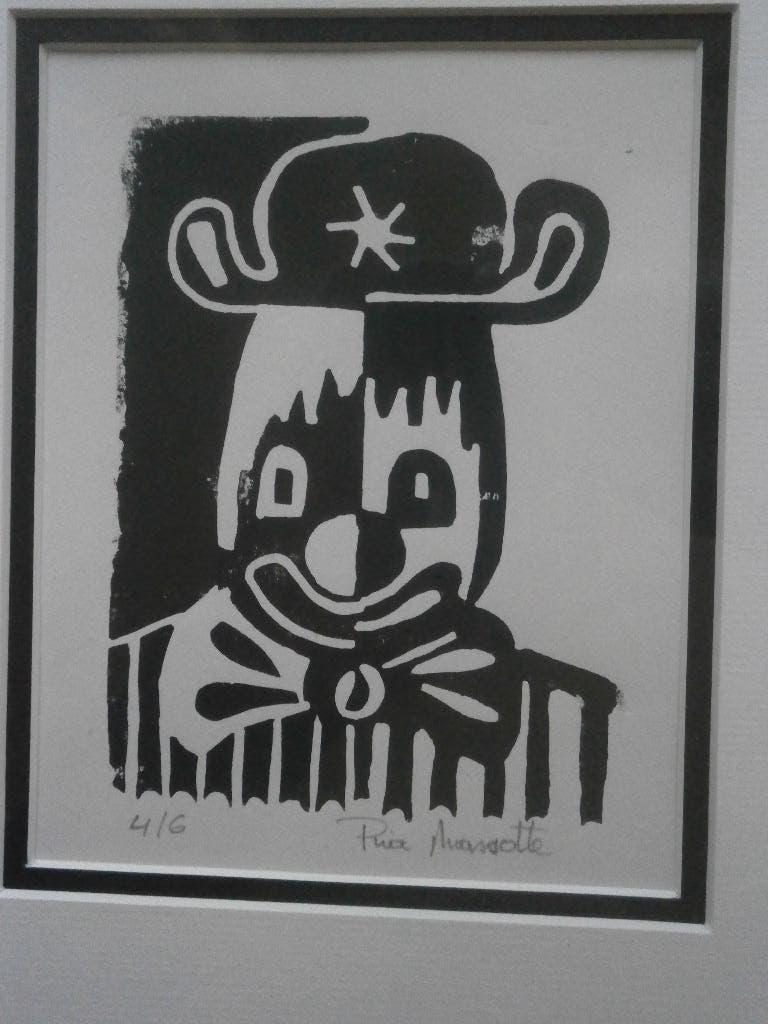 Ria Masotte, Leuke afbeelding/Houtsnede  van een Clown, Antiek en Kunst, Kunst | Litho's en Zeefdrukken, Ophalen of Verzenden